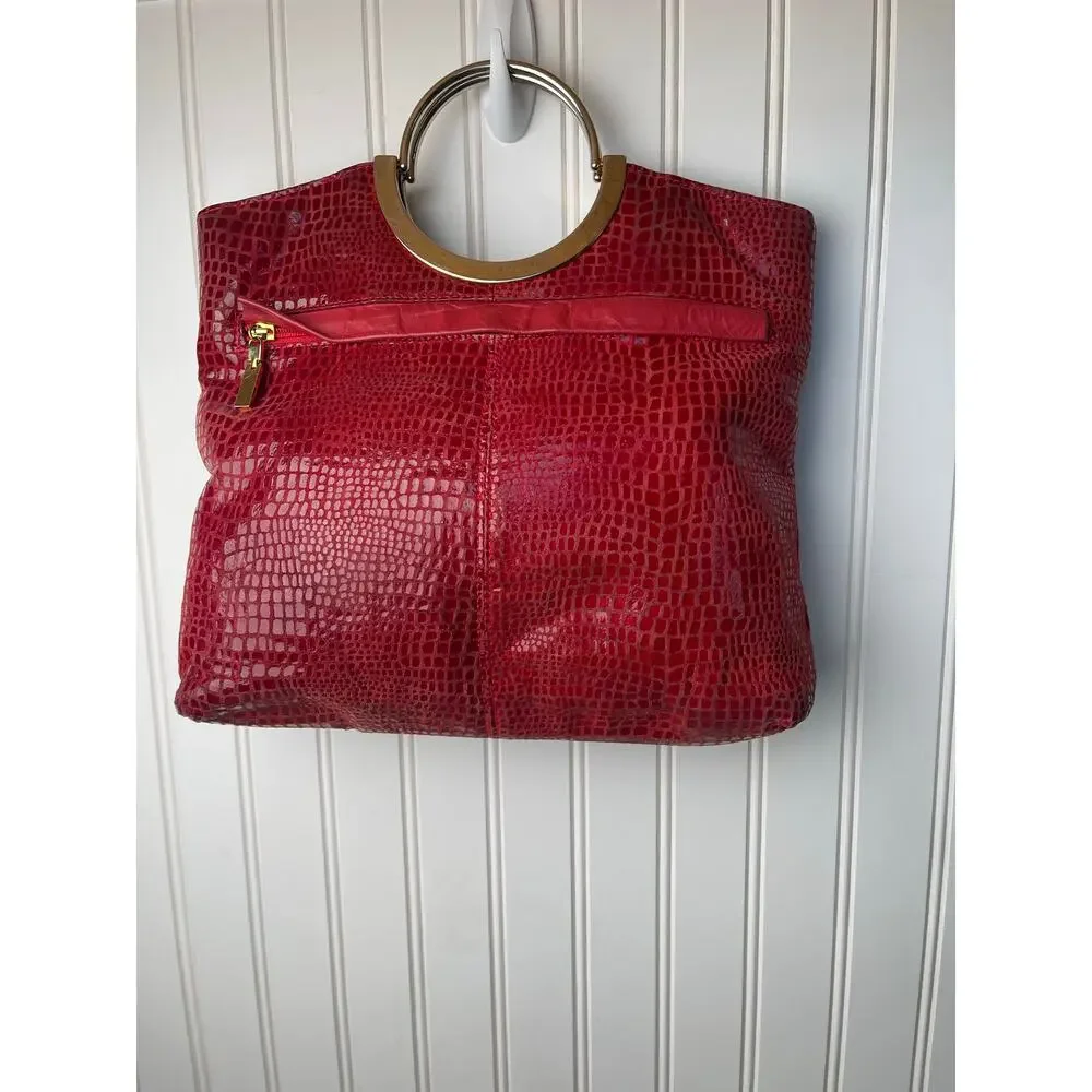 Purse Handbag Red Snakeskin Pattern Handbag Gold Metal Top Handle Unbranded